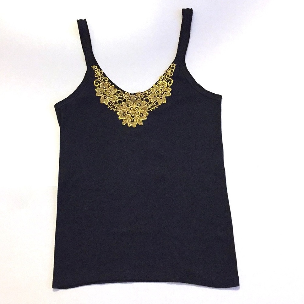 TANK TOP WITH LACE NWOT Black Cotton V-neck gold lame lace form fitting - Picture 3 of 10